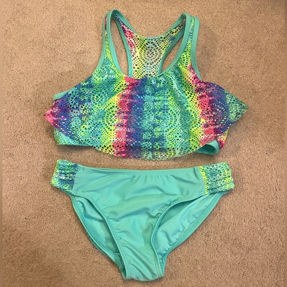 Wonder Nation Girls Bikini Bathing Suit Two Piece Sz Large 10-12 Green Colorful - Picture 2 of 11